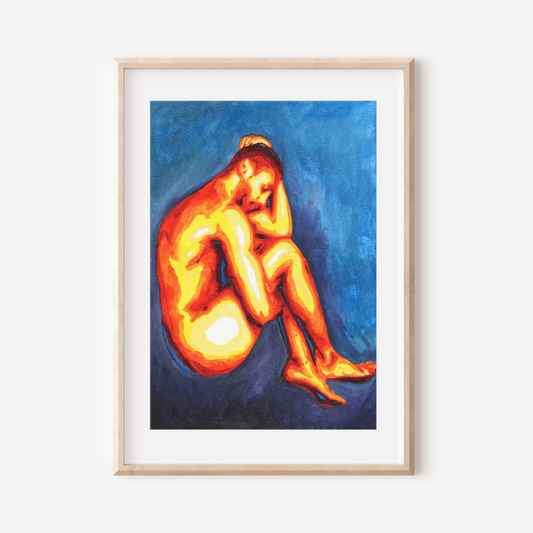 Framed artwork of a nude figure on a blue background