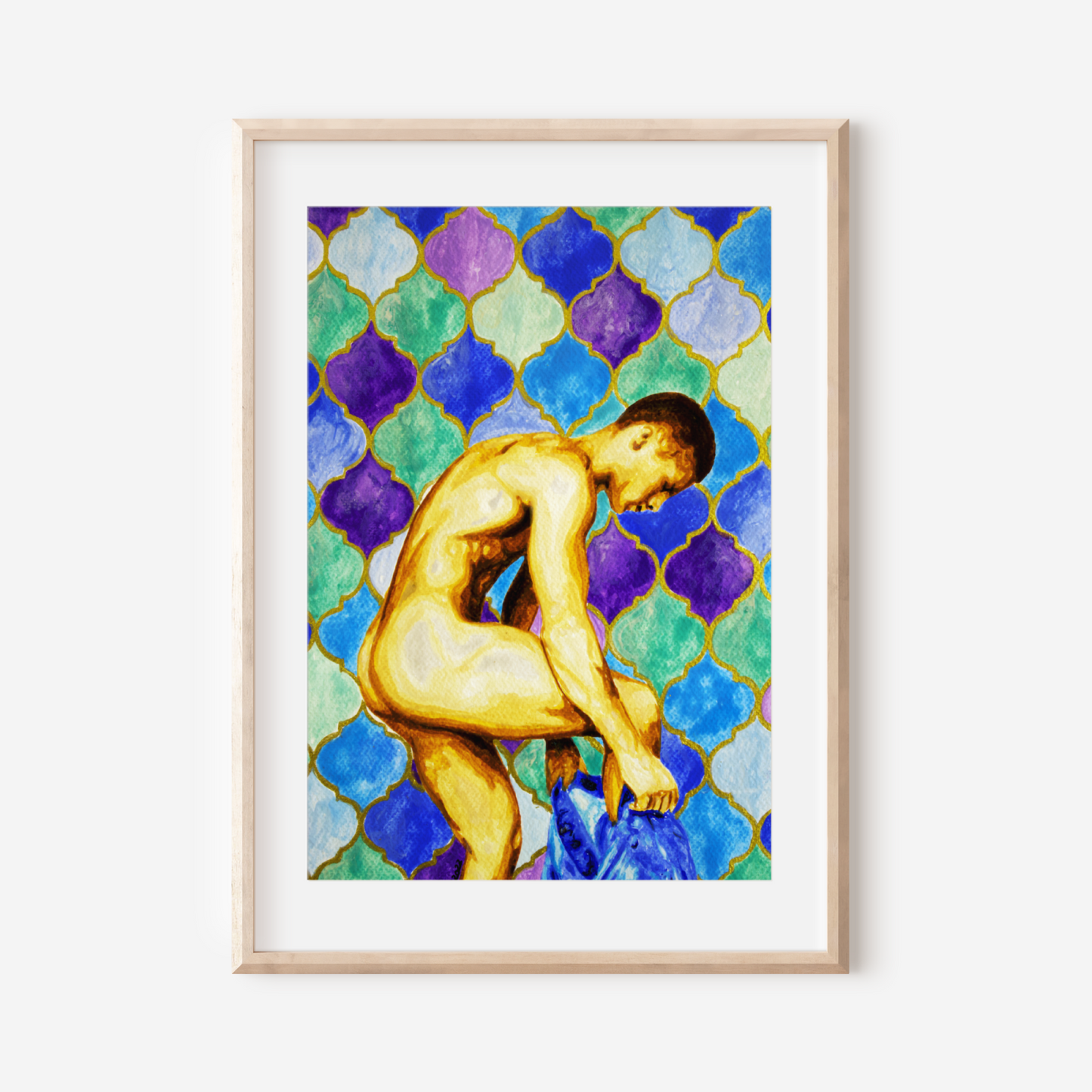 Framed artwork of a nude figure against a colorful geometric pattern on a white wall.
