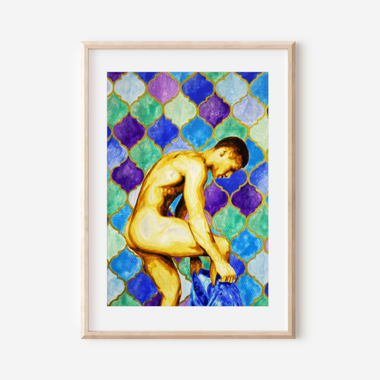 Framed artwork of a nude figure against a colorful geometric pattern on a white wall.