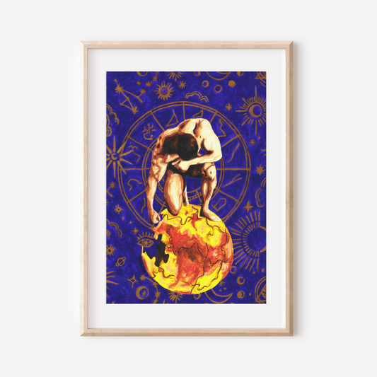 Framed artwork of a person embracing a moon with astrological symbols on a purple background.
