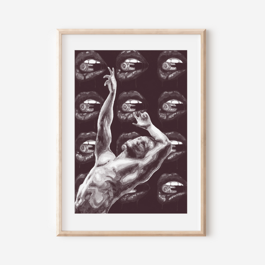 Framed artwork of a nude figure with eye patterns on a white wall