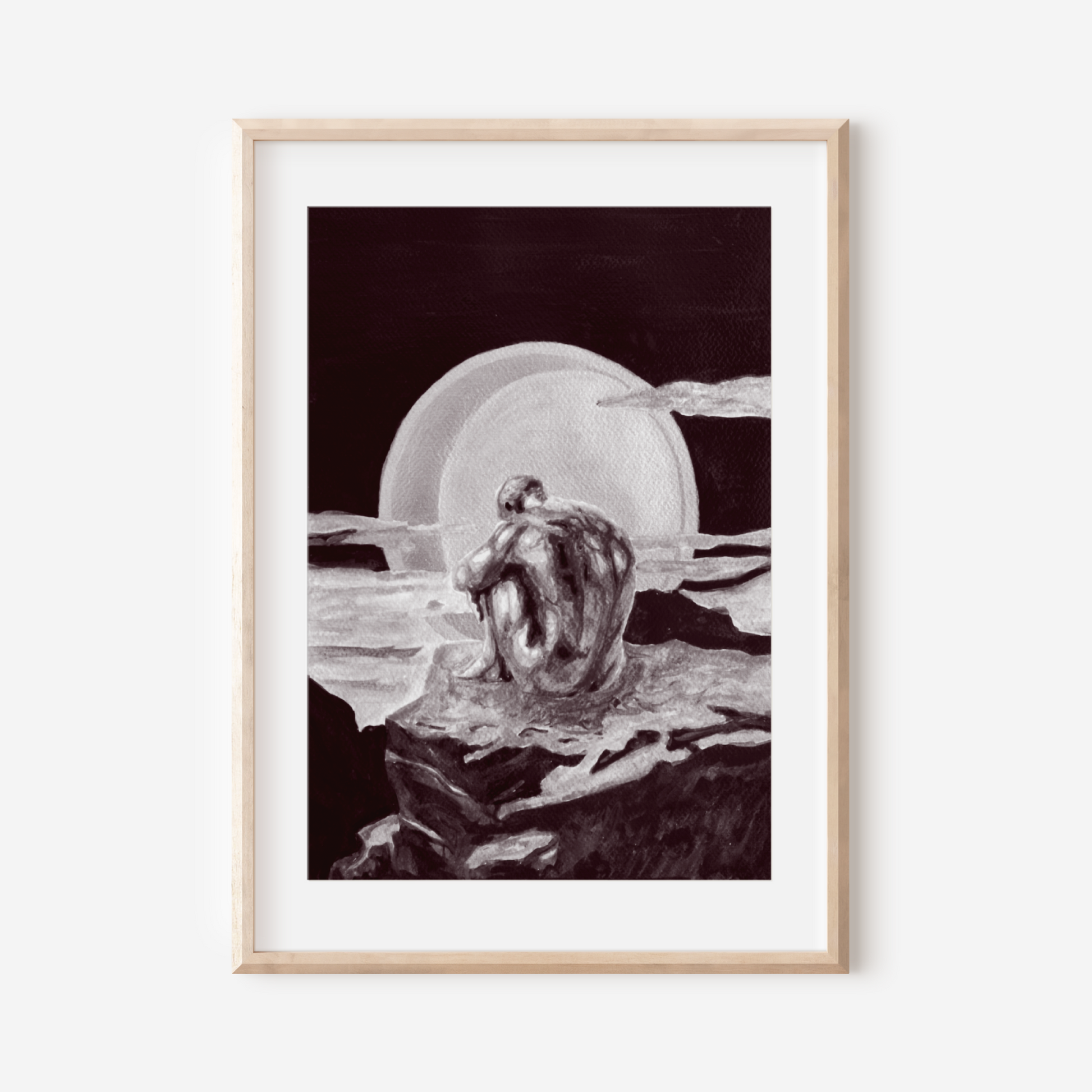 Framed black and white artwork of a abstract sculpture on a white wall