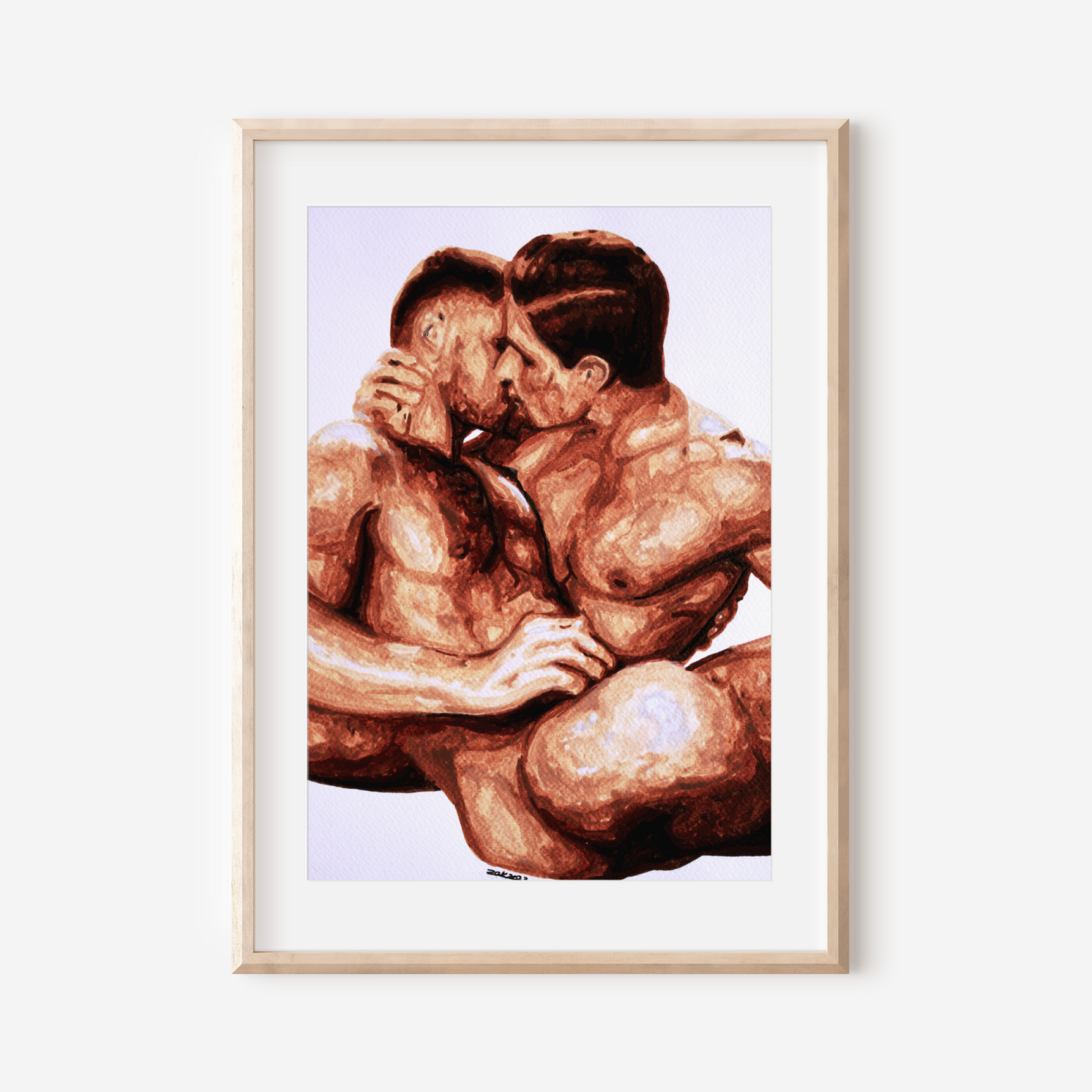 Framed artwork of two muscular figures embracing on a white background