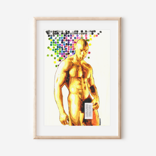 Framed artwork of a gold-colored figure with colorful dots on a white wall