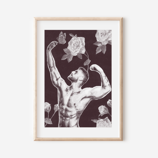 Framed artwork of a muscular figure with flowers and butterflies on a dark background