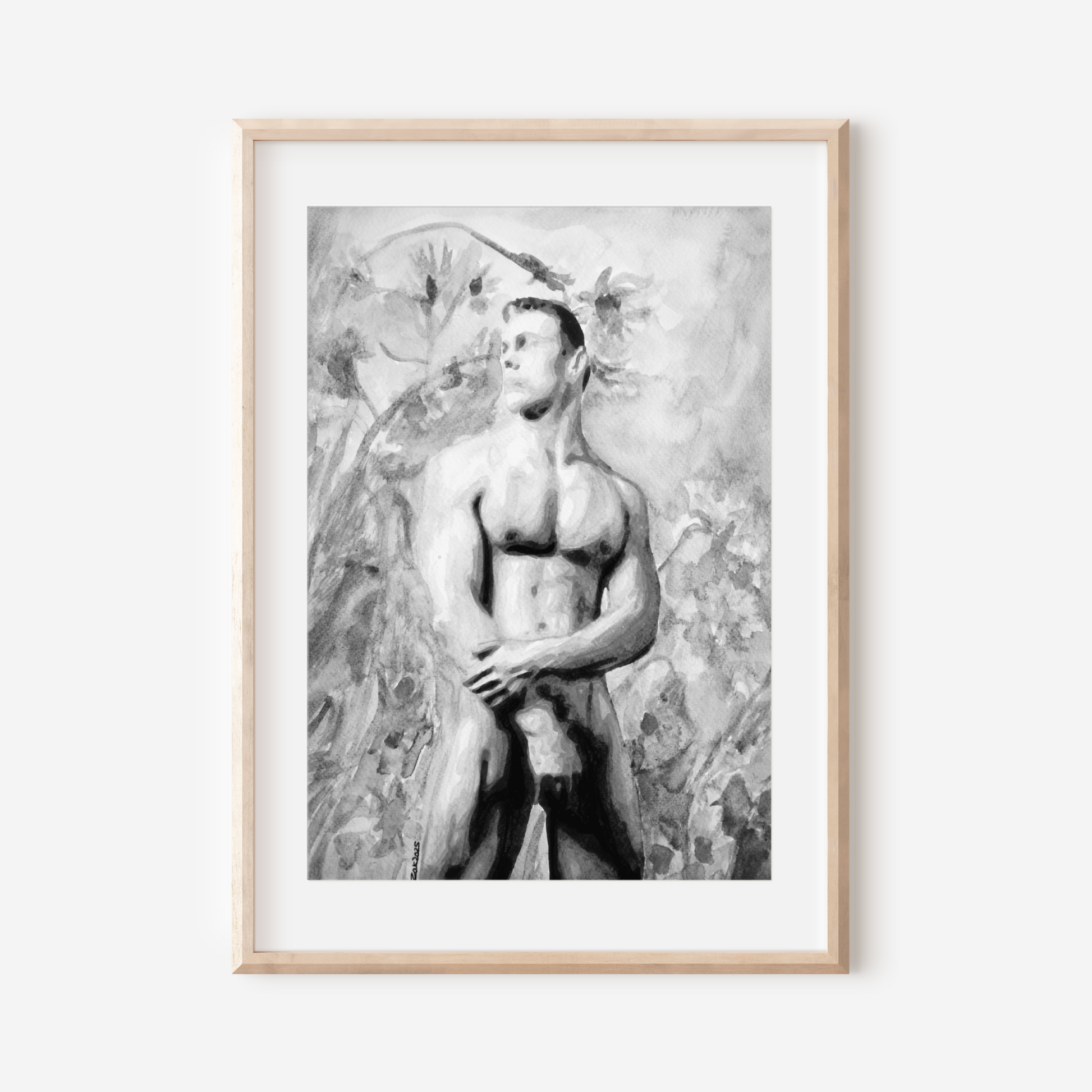 Black and white watercolor painting of a nude muscular male viewed from a low angle, expressing bold queer identity and masculine beauty by Zak Pop Art.