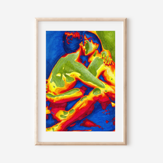 Framed colorful abstract artwork on a white wall