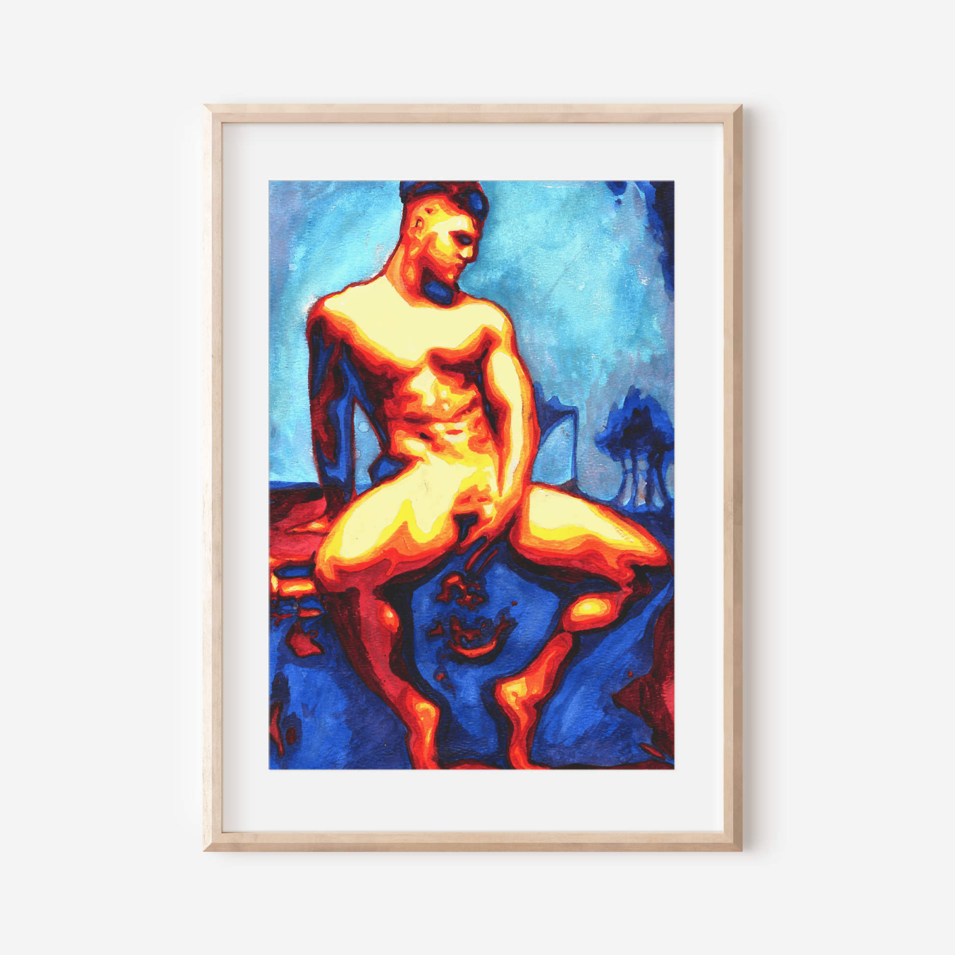 Framed artwork of a nude figure with vibrant colors on a white wall