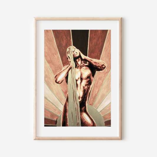 Framed artwork of a nude figure with a light-colored frame on a white wall.
