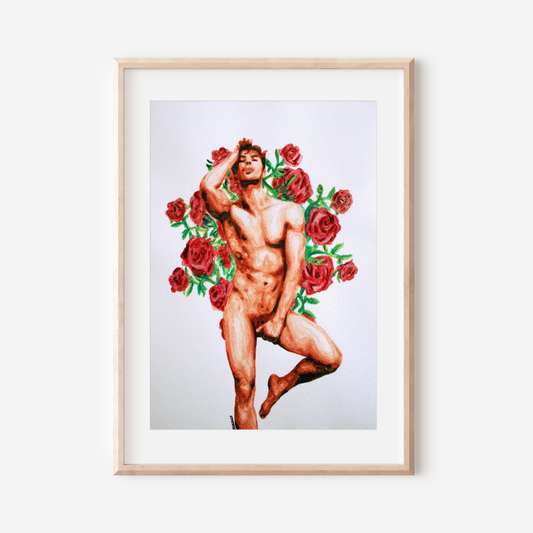Framed artwork of a nude figure surrounded by red roses on a white wall.