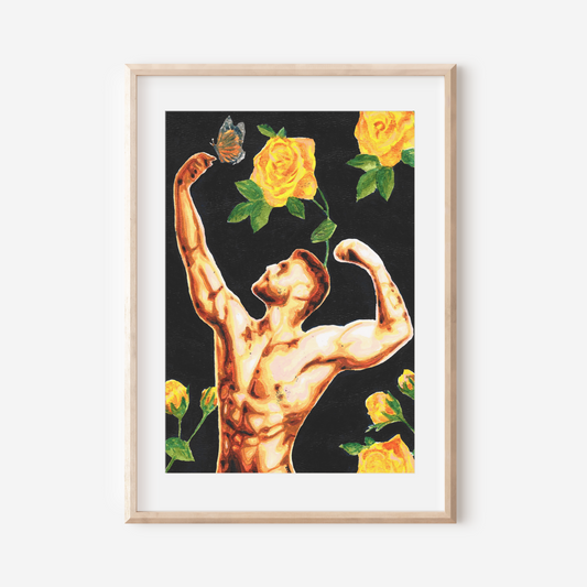 Framed artwork of a muscular figure with yellow roses and a butterfly on a black background.
