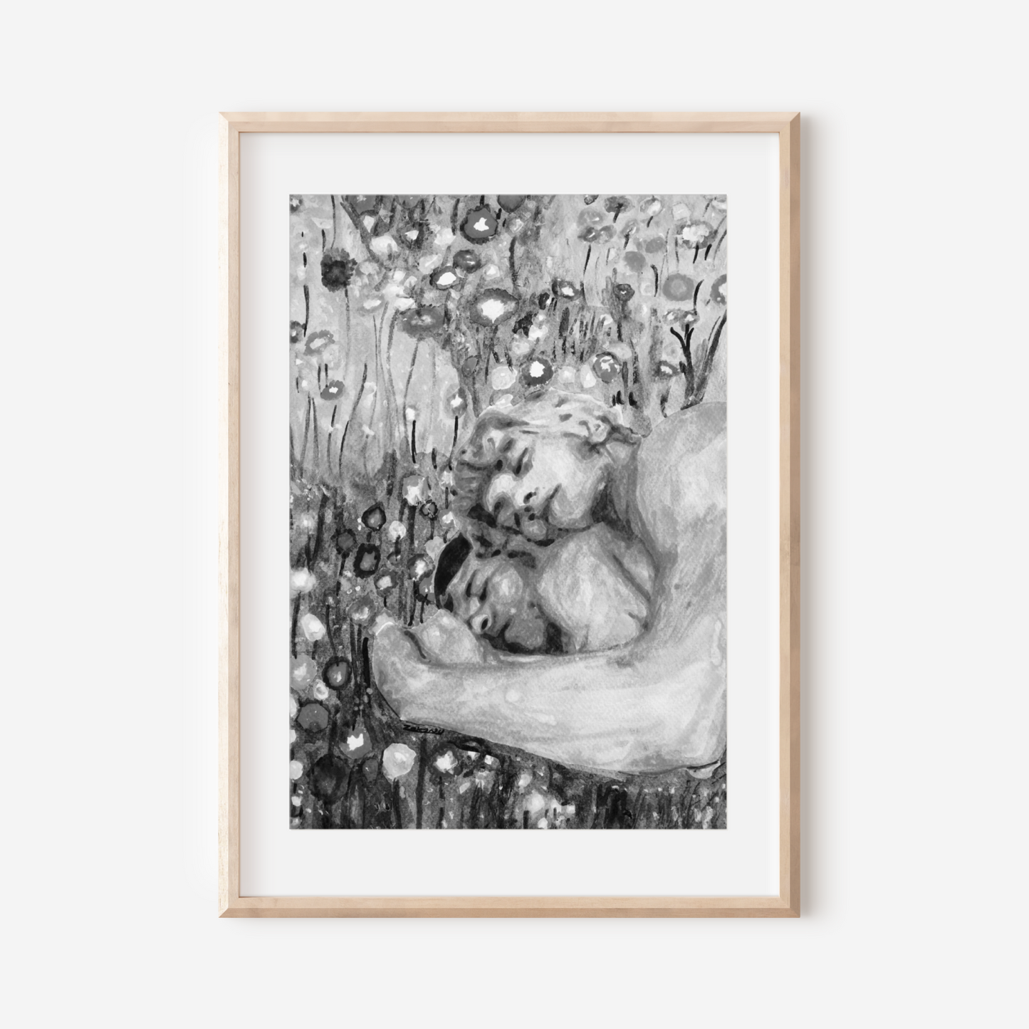 Framed artwork of a classical statue in a garden setting on a white wall.