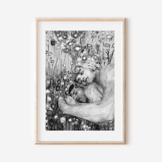 Framed artwork of a classical statue in a garden setting on a white wall.