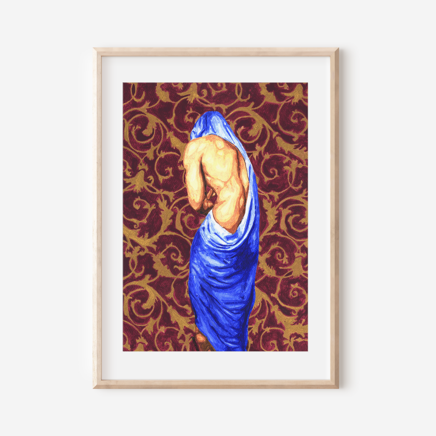 Framed artwork of a draped figure against a patterned background
