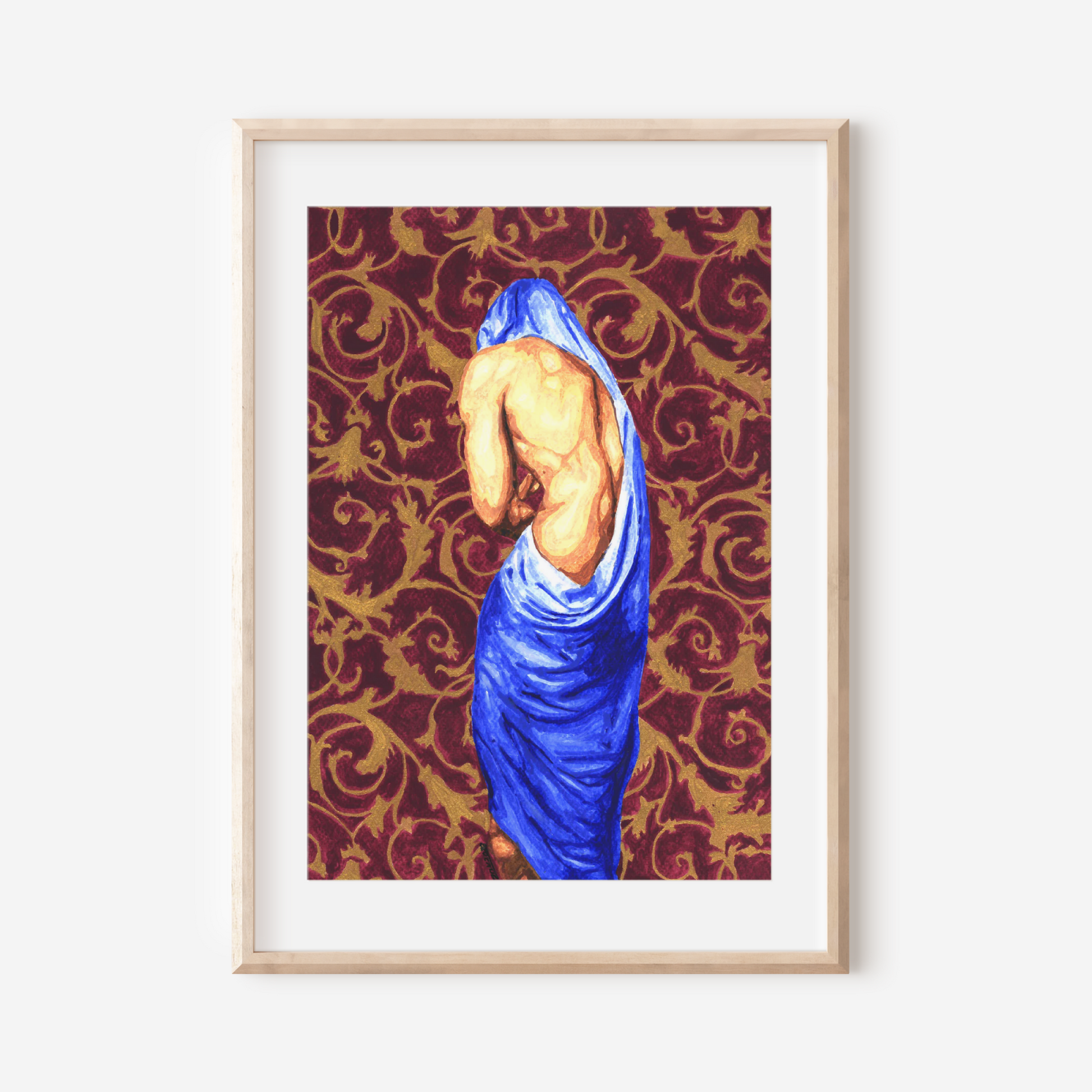 Framed artwork of a draped figure against a patterned background