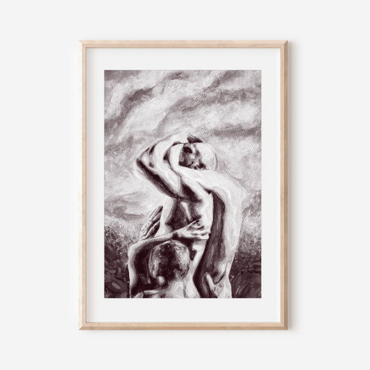Framed artwork of a classical sculpture on a white wall