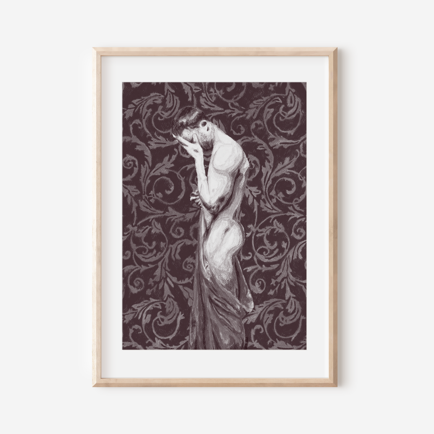 Framed artwork of a nude figure on a decorative patterned background