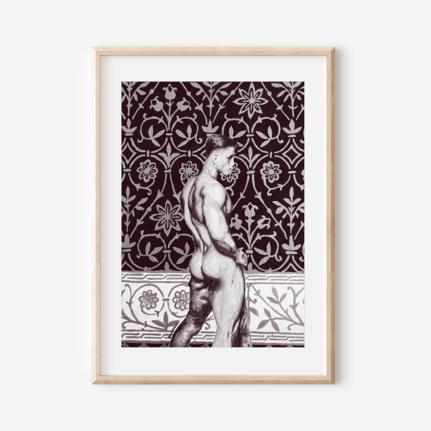 Framed artwork of a classical nude figure against a patterned background on a white wall.