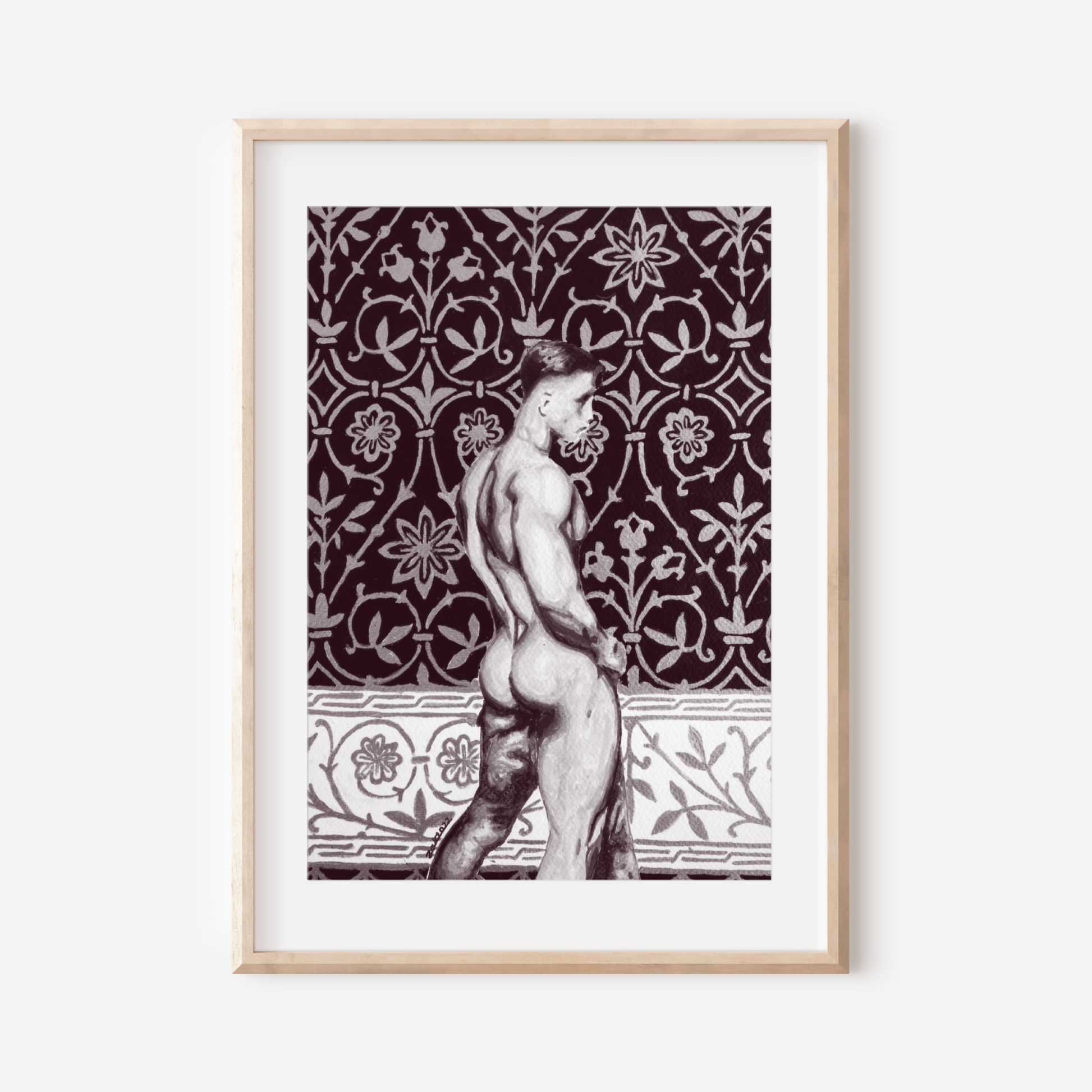 Framed artwork of a classical nude figure against a patterned background on a white wall.