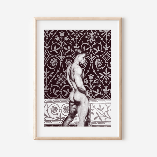 Framed artwork of a classical nude figure against a patterned background on a white wall.