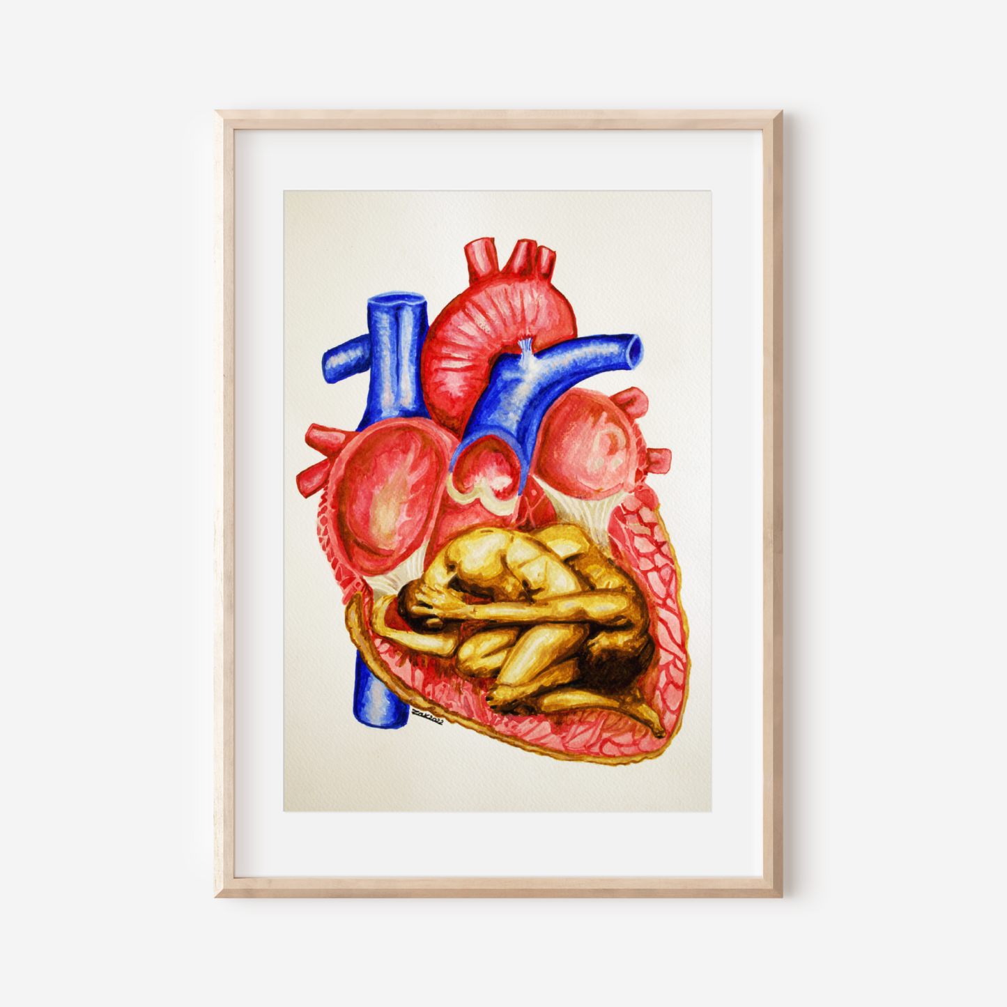 Framed illustration of a colorful heart with a light wooden frame on a white wall.
