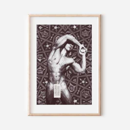 Framed artwork of a nude figure with geometric patterns on a white wall