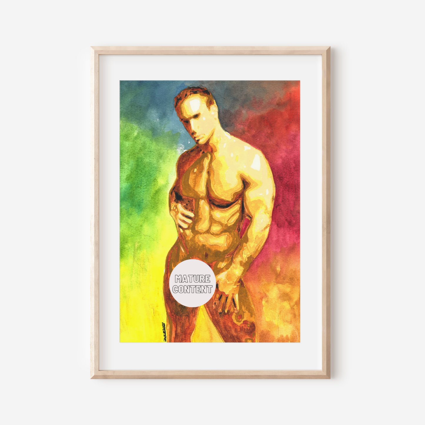 Framed artwork of a muscular figure with a colorful background on a white wall