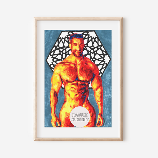 Framed artwork of a muscular figure with abstract design on a white wall
