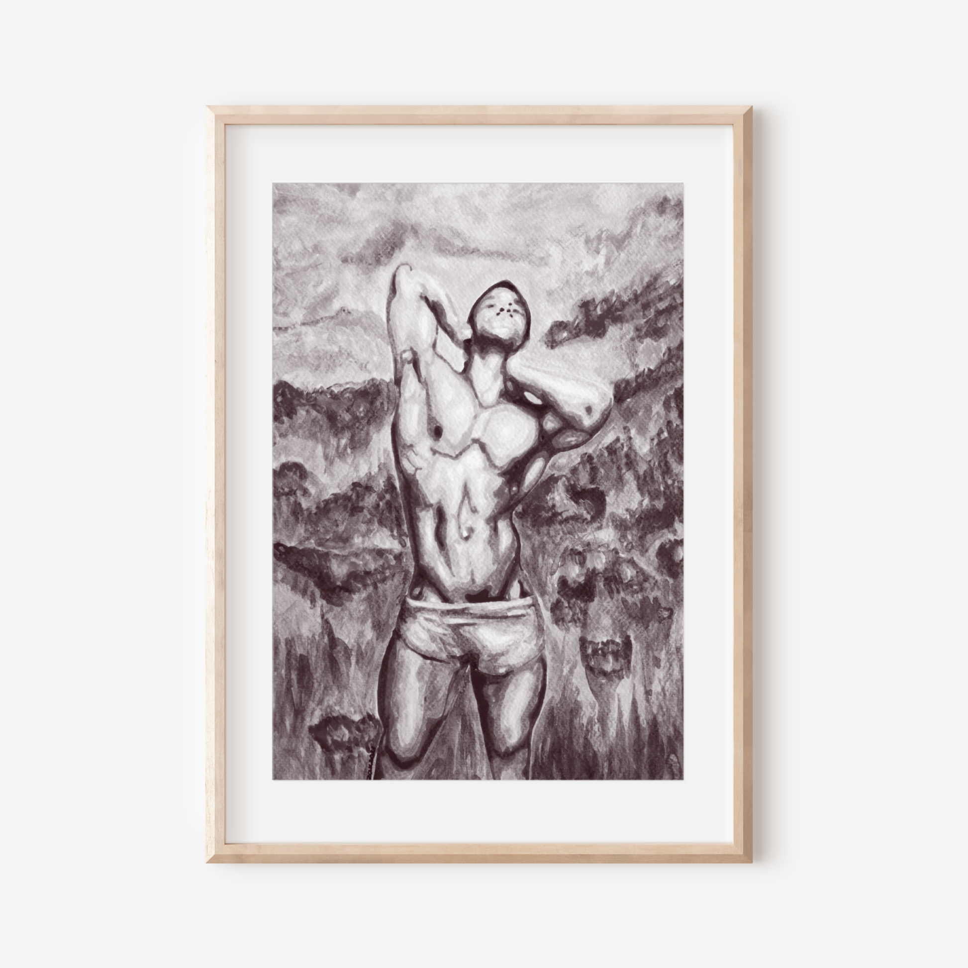 Framed artwork of a nude figure against a textured background on a white wall