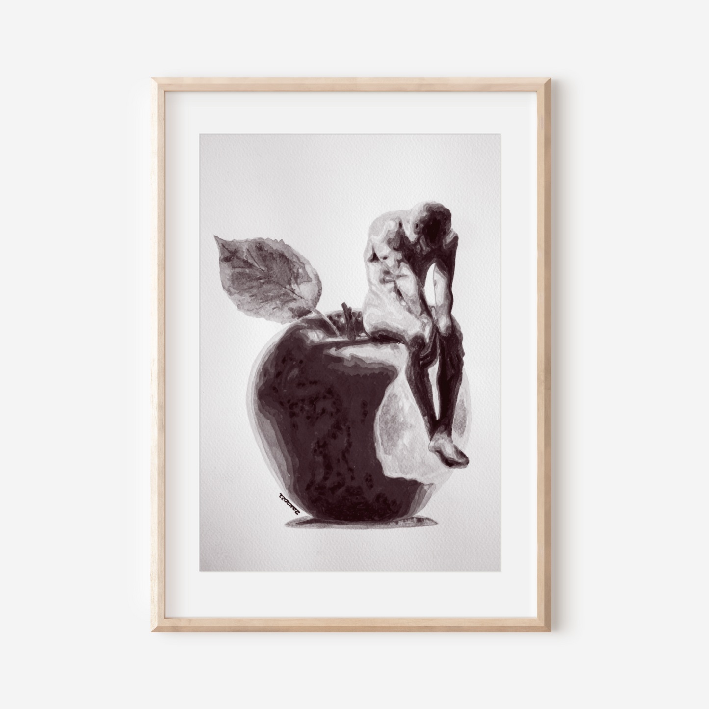 Framed artwork of a cherub sitting on an apple with a leaf, on a white background