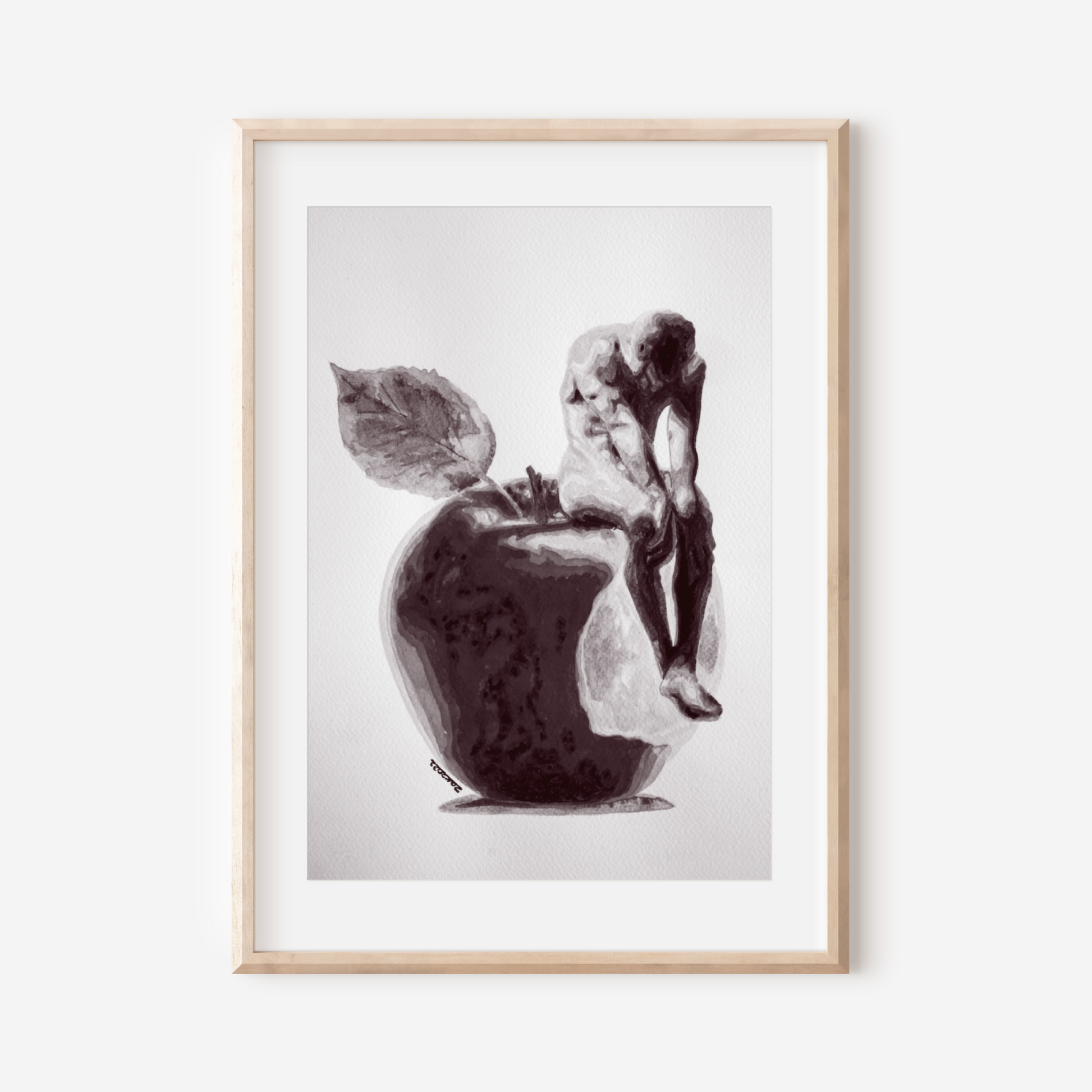 Framed artwork of a cherub sitting on an apple with a leaf, on a white background
