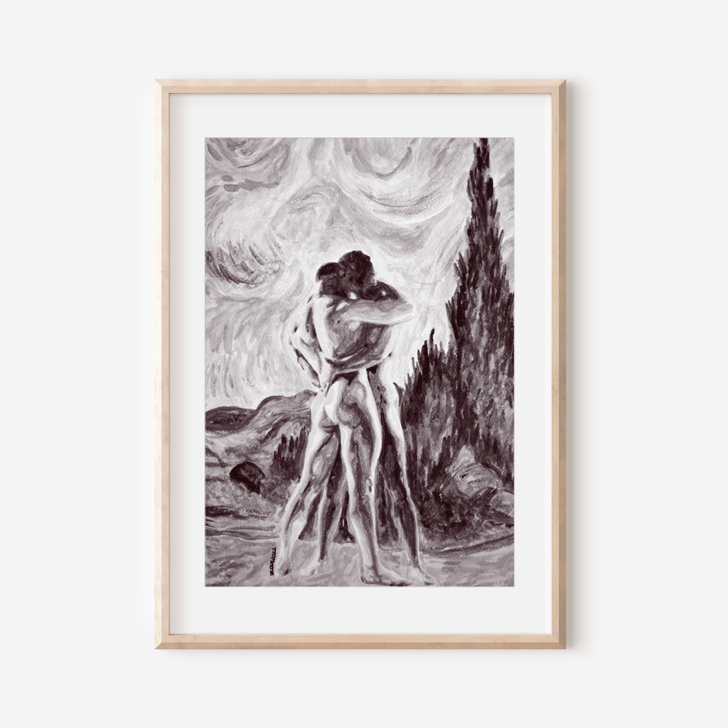 Framed black and white artwork of a nude figure against a swirling sky.