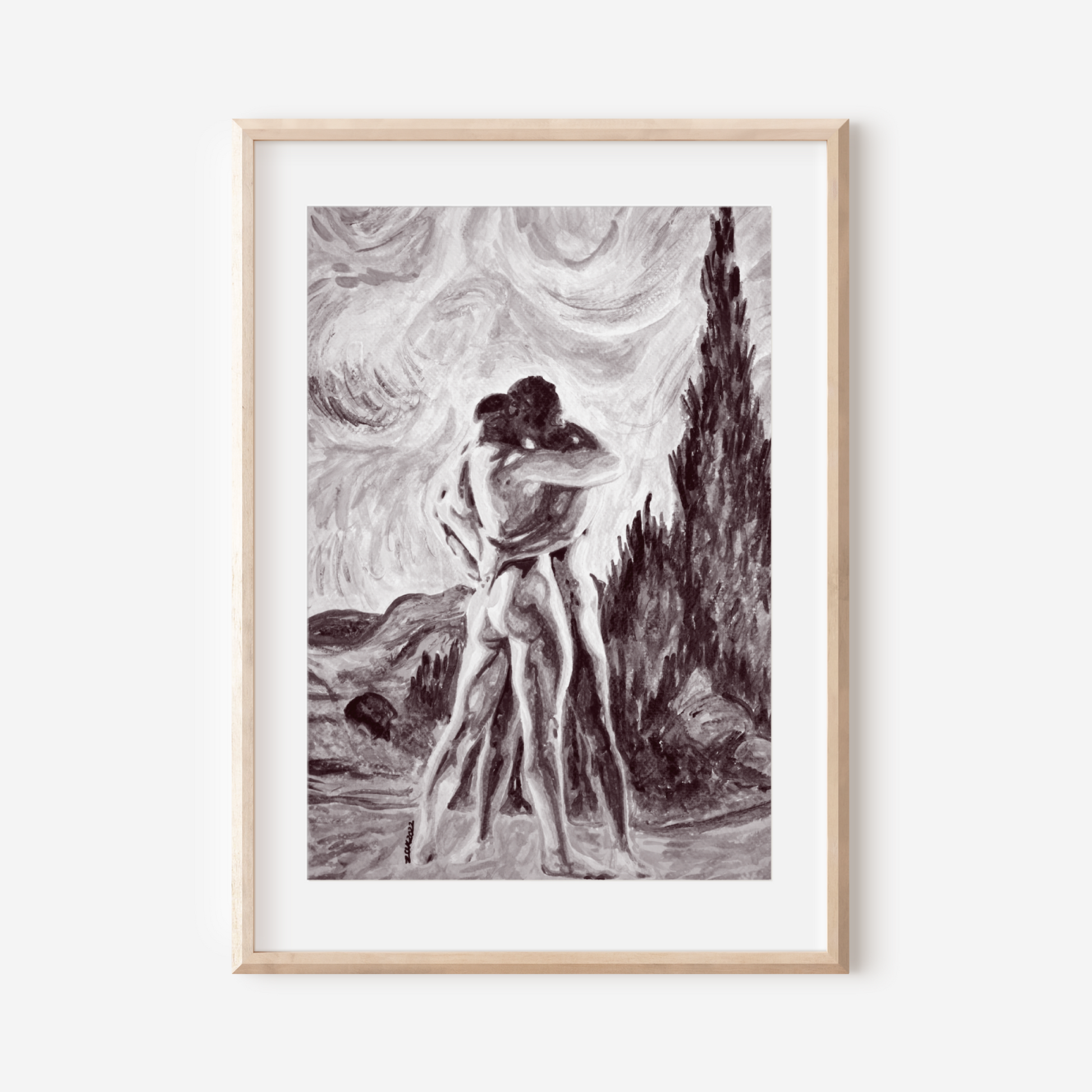 Framed black and white artwork of a nude figure against a swirling sky.