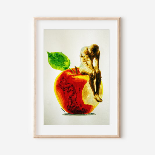 Framed artwork of a cherub sitting on an apple with a green leaf against a white background