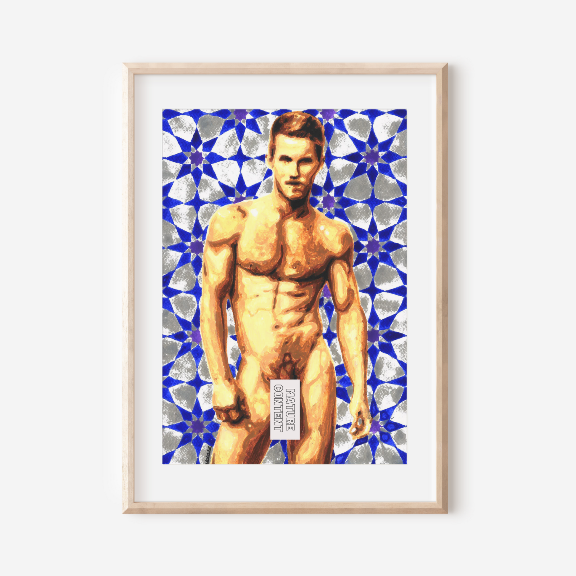 Framed artwork of a shirtless man against a blue geometric pattern on a white wall.