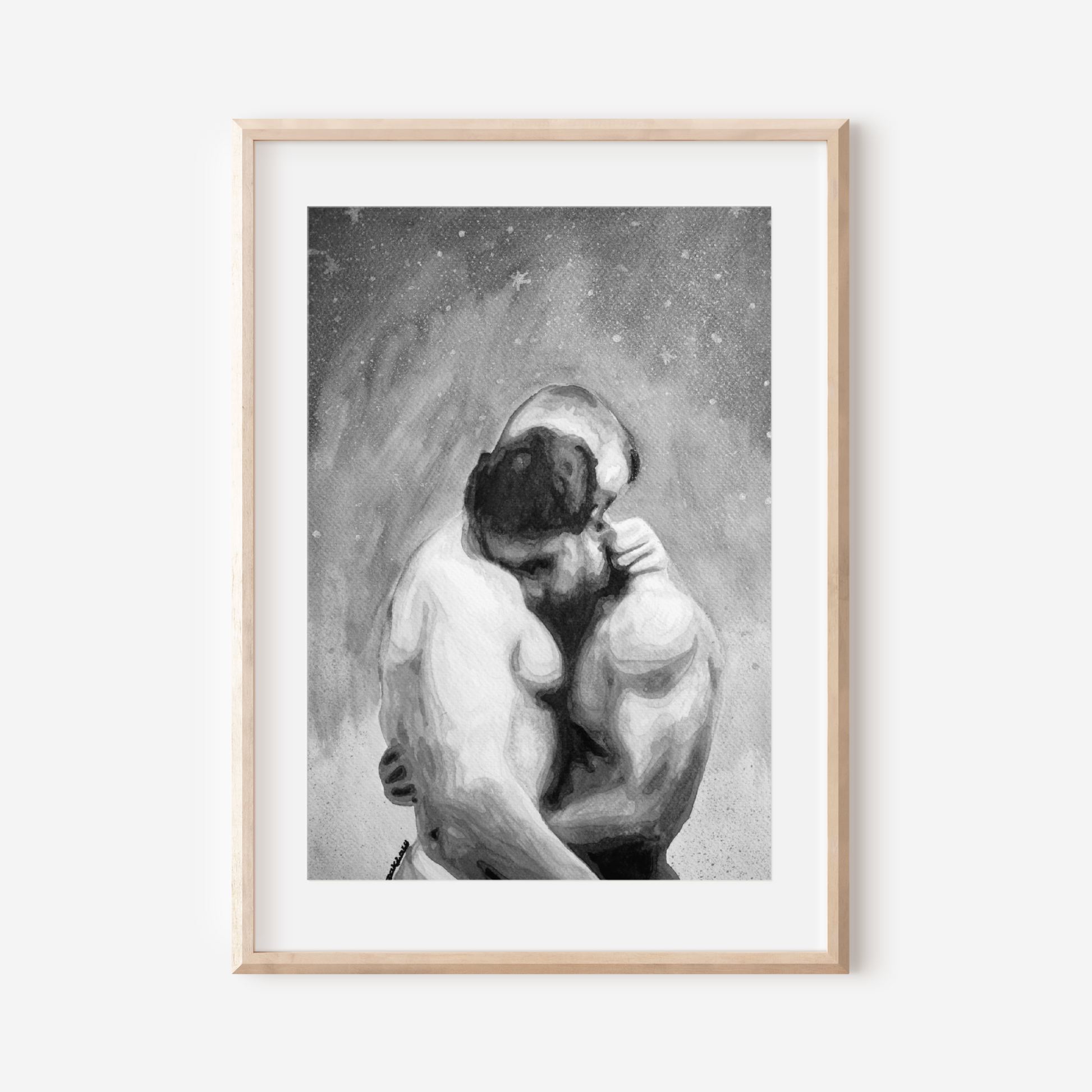 Framed artwork of two nude figures embracing on a white background