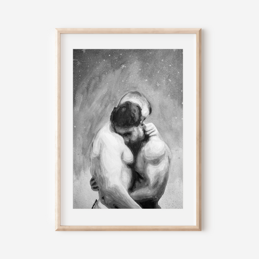 Framed artwork of two nude figures embracing on a white background