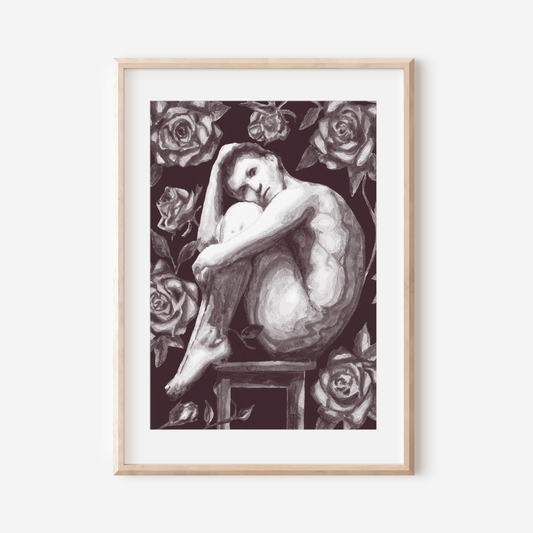 Framed artwork of a nude figure holding a child amidst roses on a white background