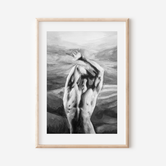 Framed black and white artwork of a nude figure against a mountainous background.