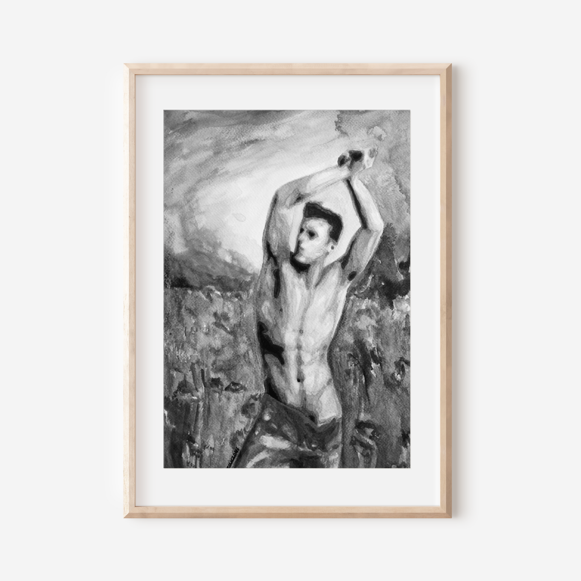 Framed black and white artwork of a nude figure against a textured background.