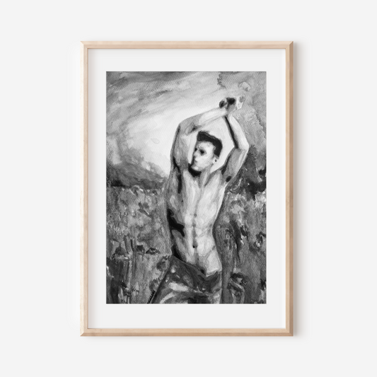 Framed black and white artwork of a nude figure against a textured background.