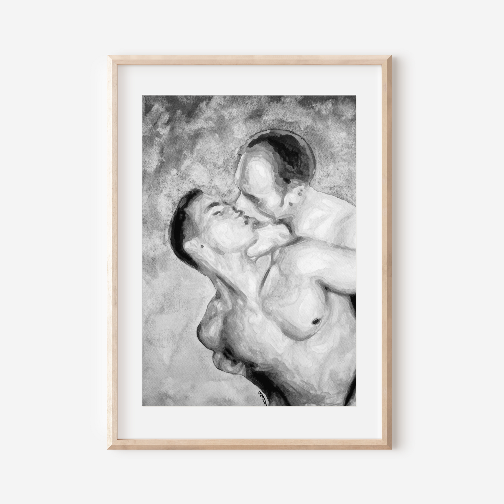 Black and white watercolor print of two shirtless men embracing under a vast grey sky. LGBTQ+ love art by Zak Pop Art.
