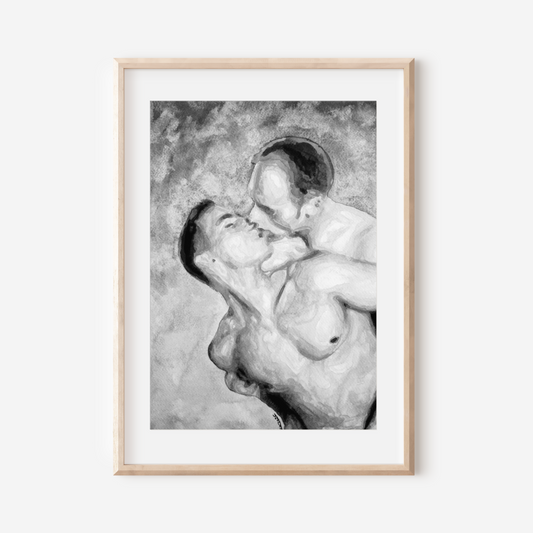 Black and white watercolor print of two shirtless men embracing under a vast grey sky. LGBTQ+ love art by Zak Pop Art.
