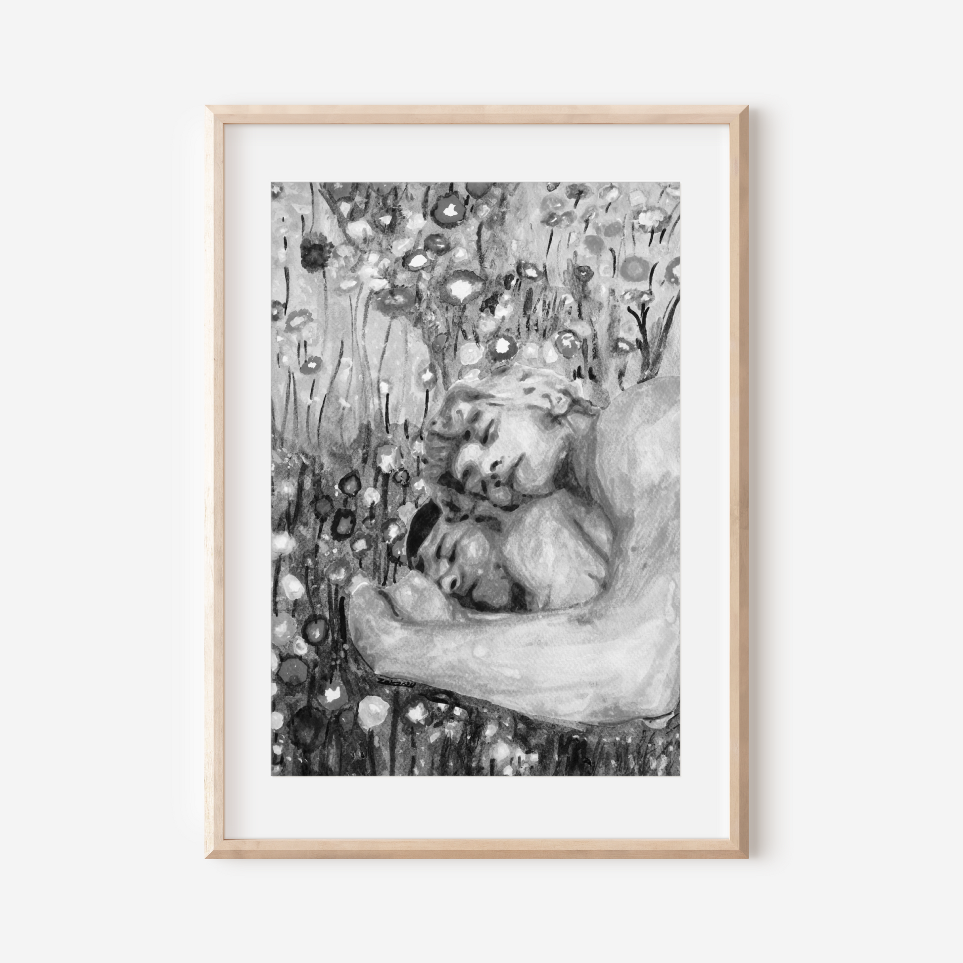Black and white watercolor of two nude men lying in a field, embracing peacefully, surrounded by floral textures in grayscale.
