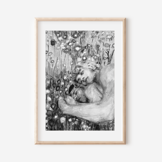 Black and white watercolor of two nude men lying in a field, embracing peacefully, surrounded by floral textures in grayscale.
