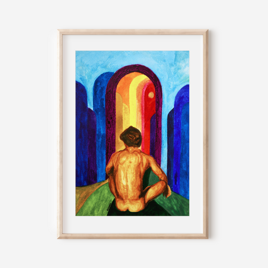 Watercolor painting of a nude man seen from behind, looking at a rainbow in a blue sky. Queer art by Zak Pop Art.