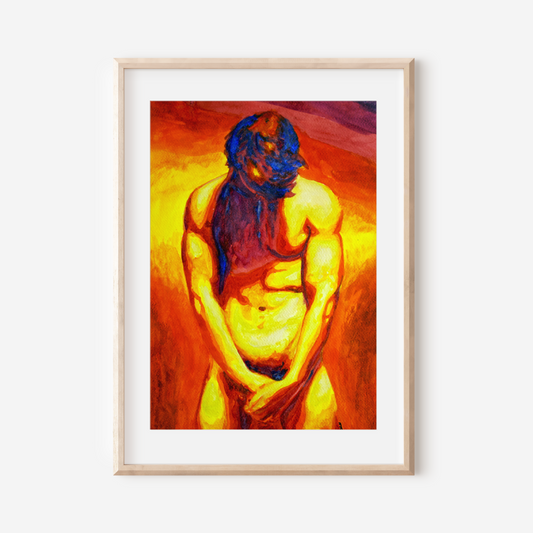 Framed artwork of a muscular figure with a fiery background on a white wall