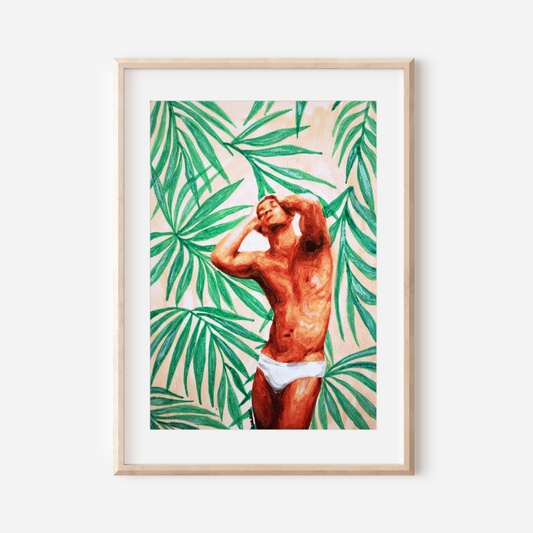 Watercolor painting of a muscular man wearing underwear, posed confidently against a backdrop of tropical palm leaves in soft pink tones, reflecting vibrant Miami style and queer pride. Original Zak Pop Art.