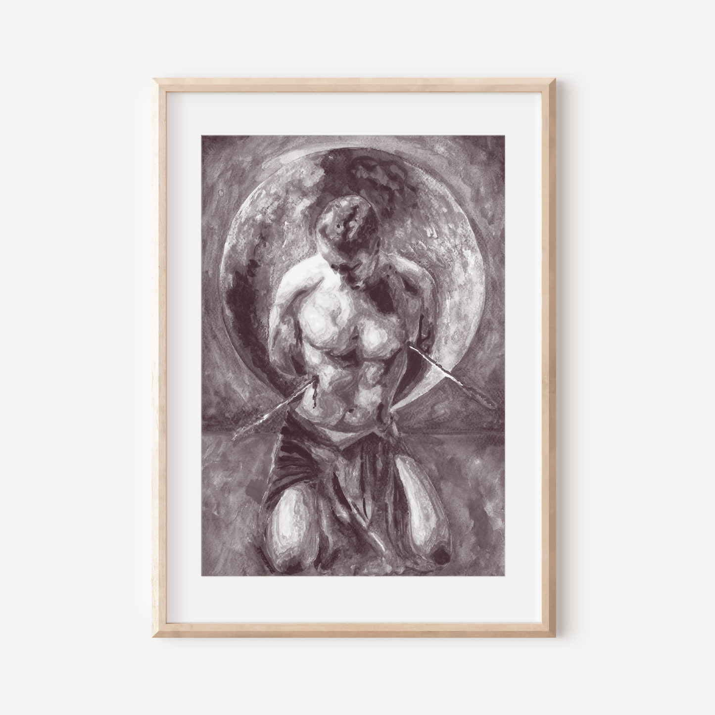 Framed artwork of a classical statue against a white background