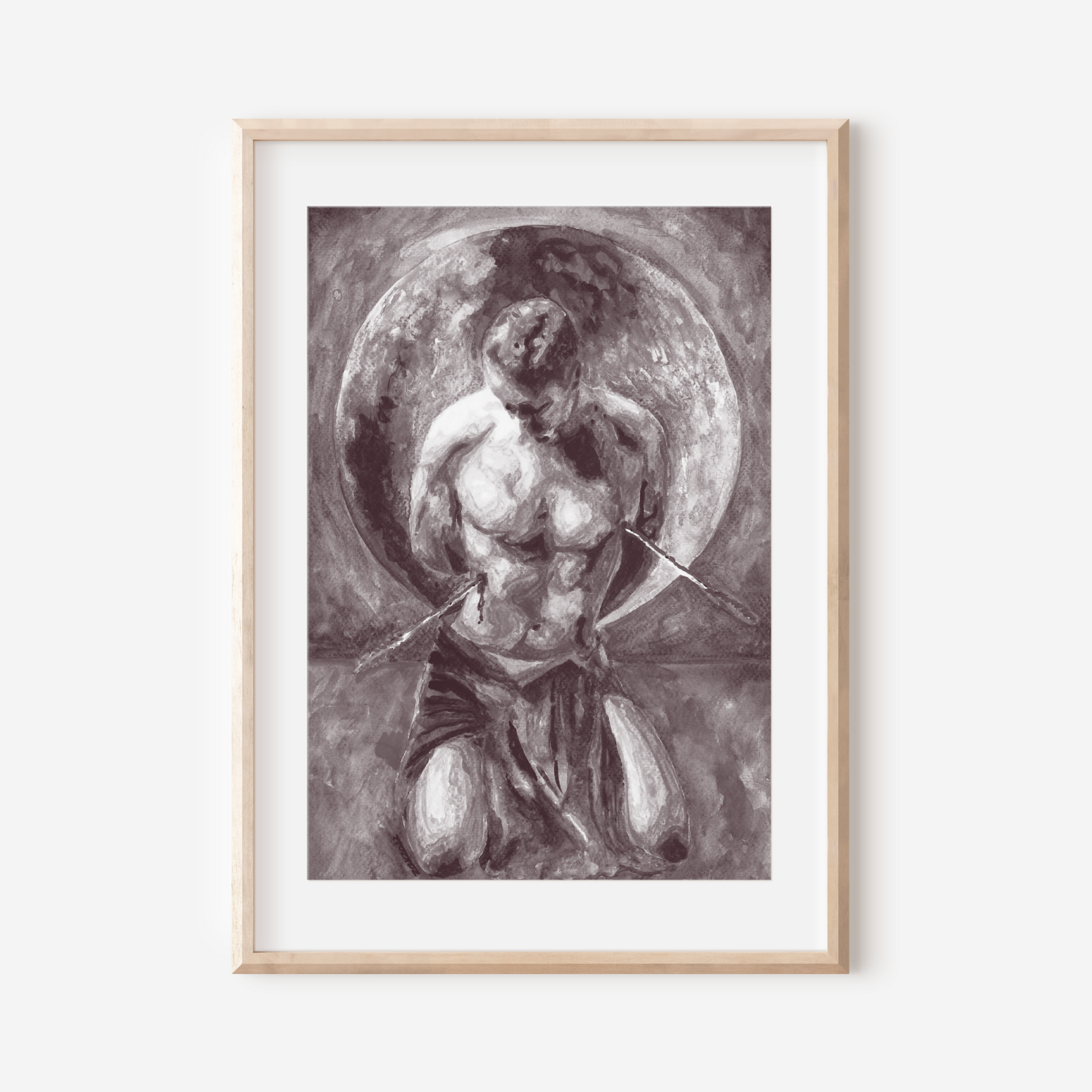 Framed artwork of a classical statue against a white background